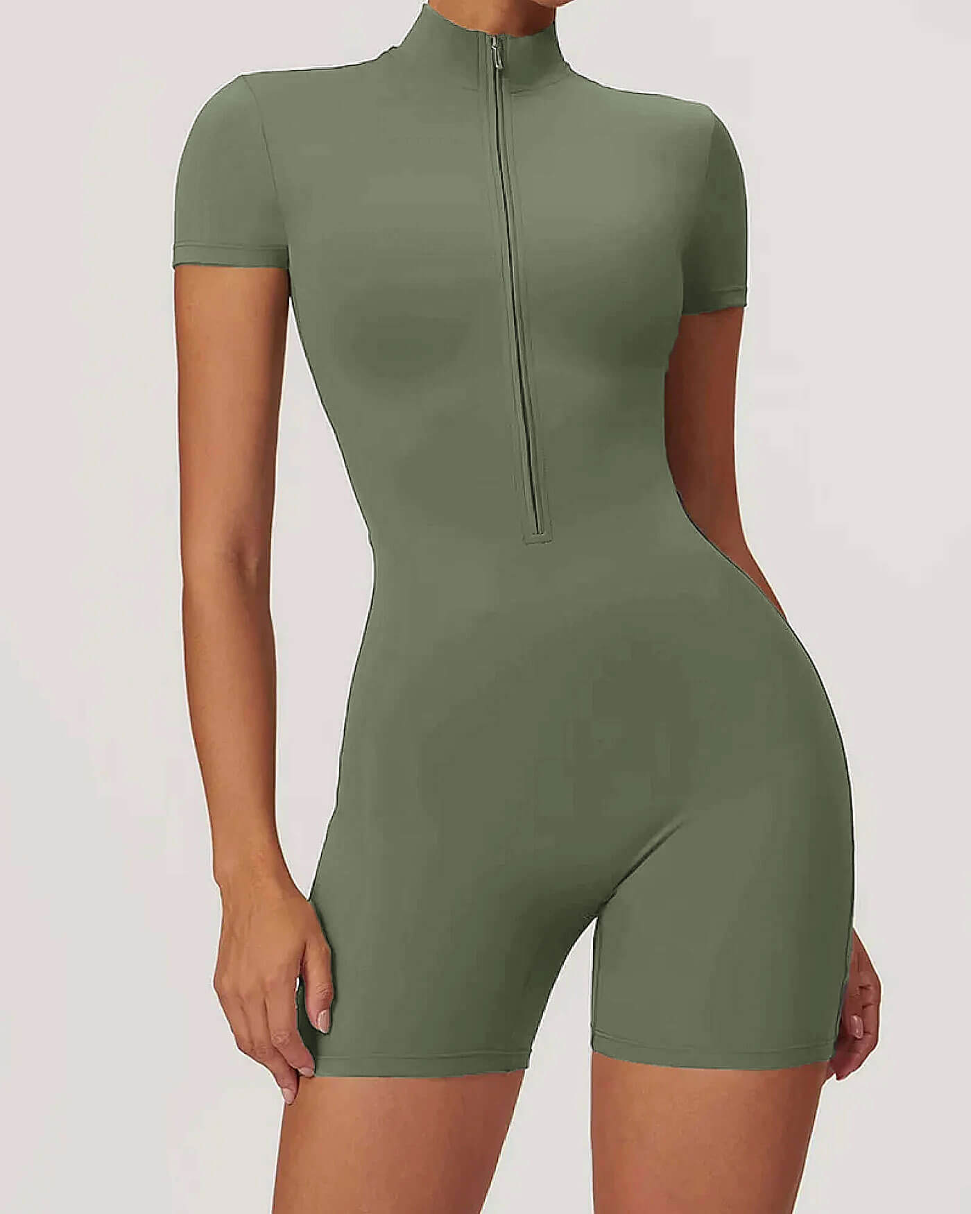 Short Sleeve Zipper Jumpsuit - Military Green - My Store